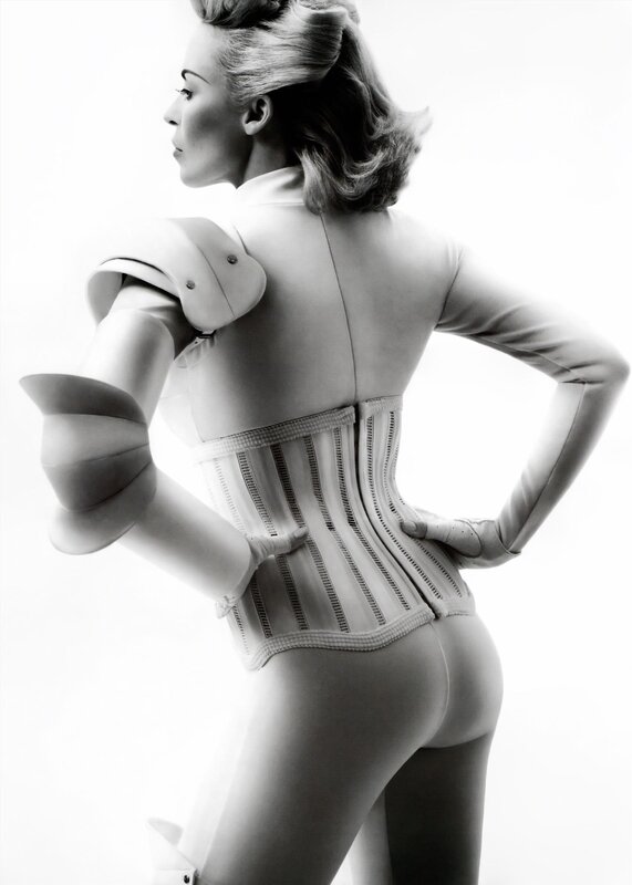 woman in futuristic corset