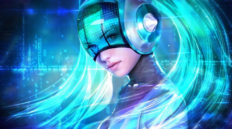 Woman in Futuristic Helmet — Blue, Night, Digital Art