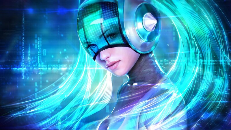 Woman in Futuristic Helmet — Blue, Night