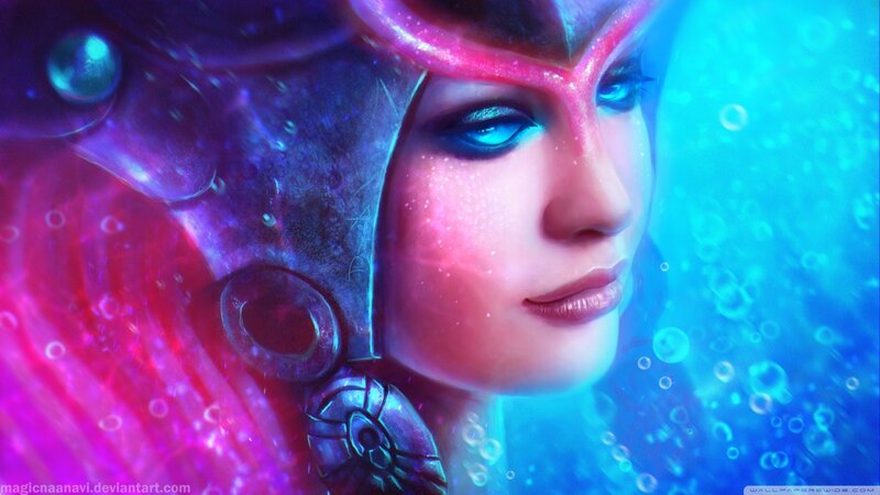 Woman in Futuristic Helmet — Blue, Serene, Digital Art, Bubbles