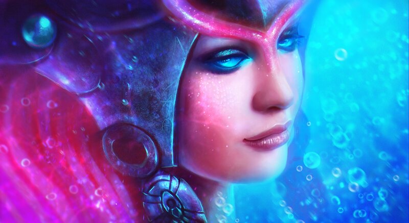 Woman in Futuristic Helmet — Blue, Serene, Digital Art