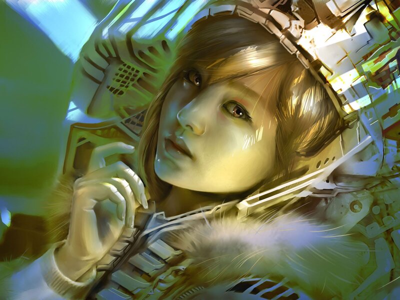woman in futuristic helmet