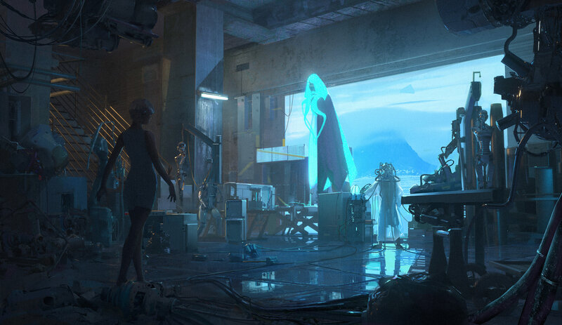 Woman in Futuristic Lab — Blue, Dramatic