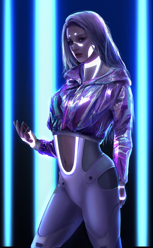 Woman in Futuristic Outfit — Blue, Dramatic, Night, Digital Art