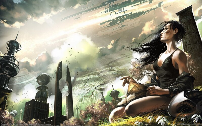 woman in futuristic ruins