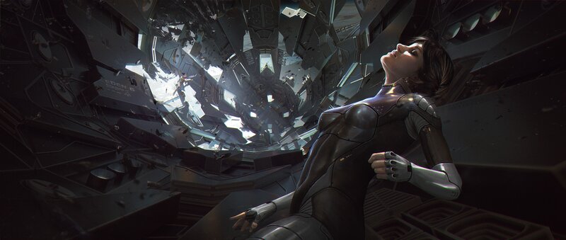 Woman in Futuristic Suit — Black, Dramatic, Digital Art, Spacecraft