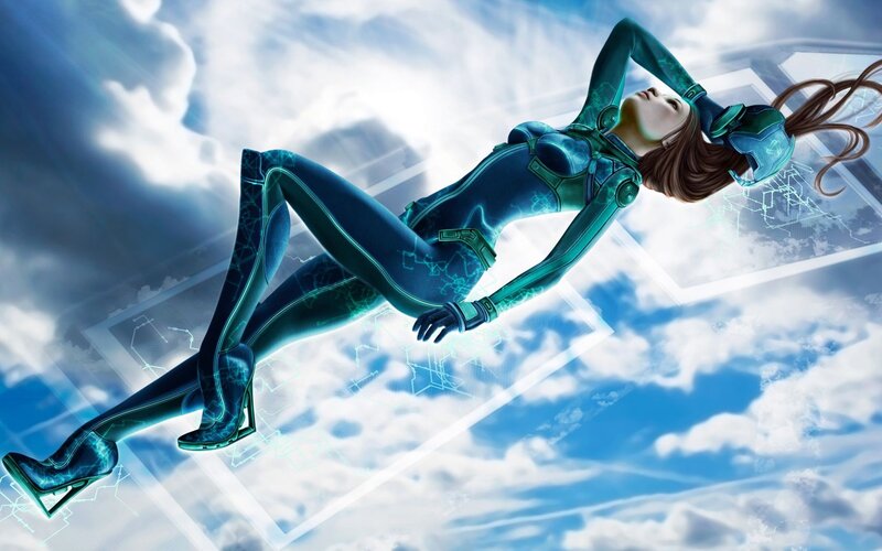 Woman in Futuristic Suit — Blue, Dramatic, Digital Art, Clouds, Sky, Digital Lines