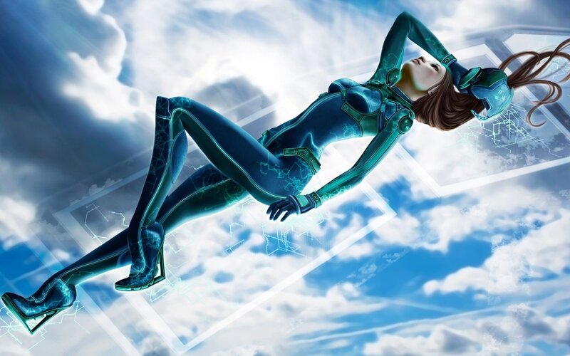 Woman in Futuristic Suit — Blue, Dramatic, Digital Art, Clouds