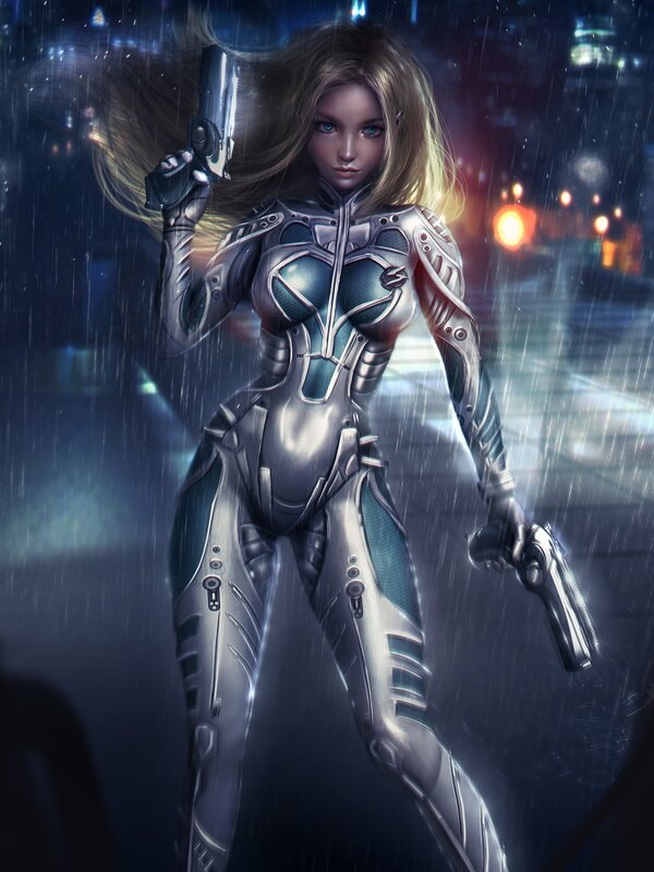 Woman in Futuristic Suit — Blue, Dramatic, Night, Digital Art, Guns