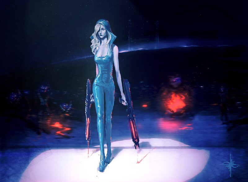 Woman in Futuristic Suit — Blue, Dramatic, Night, Digital Art, Weapons