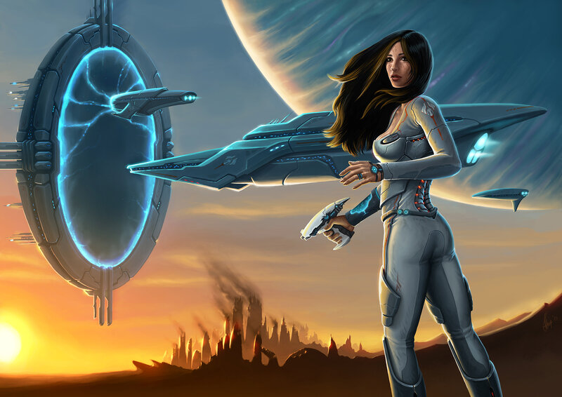Woman in Futuristic Suit — Blue, Dramatic, Sunset