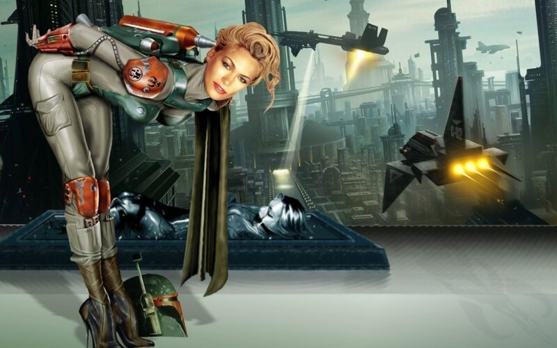 Woman in Futuristic Suit — Gray, Dramatic, Digital Art, Flying Ships