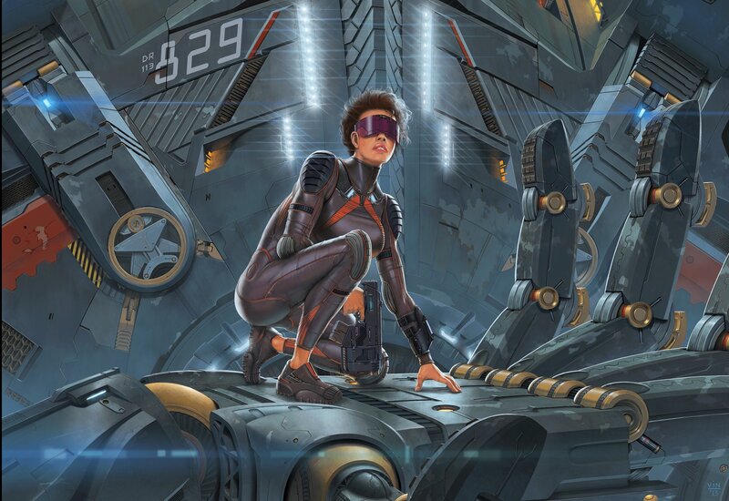 Woman in Futuristic Suit — Gray, Dramatic, Digital Art, Robotic Arms