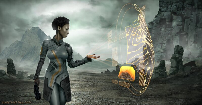 Woman in Futuristic Suit — Gray, Dramatic, Digital Art