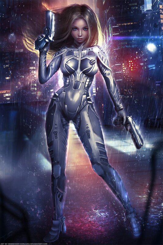 Woman in Futuristic Suit — Gray, Dramatic, Night