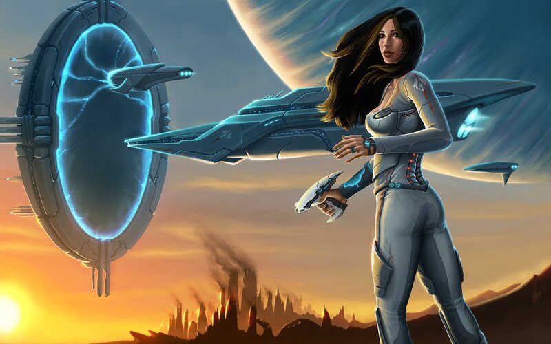 Woman in Futuristic Suit — Gray, Dramatic, Sunset