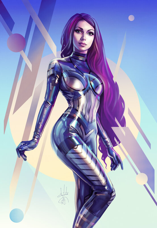 Woman in Futuristic Suit — Purple, Confident