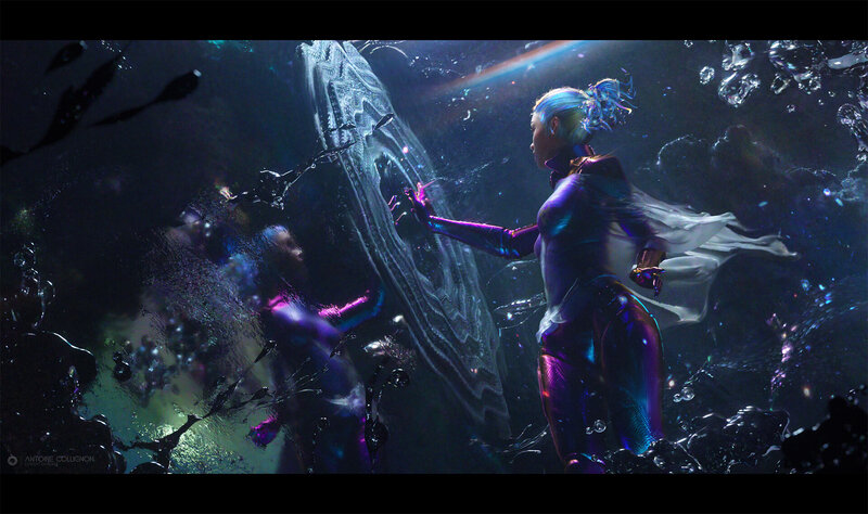 Woman in Futuristic Suit — Purple, Dramatic, Digital Art, Underwater