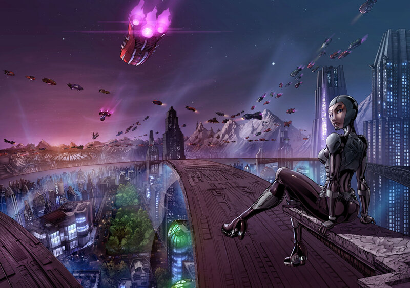 Woman in Futuristic Suit — Purple, Dramatic