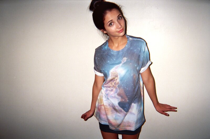 woman in galaxy t-shirt