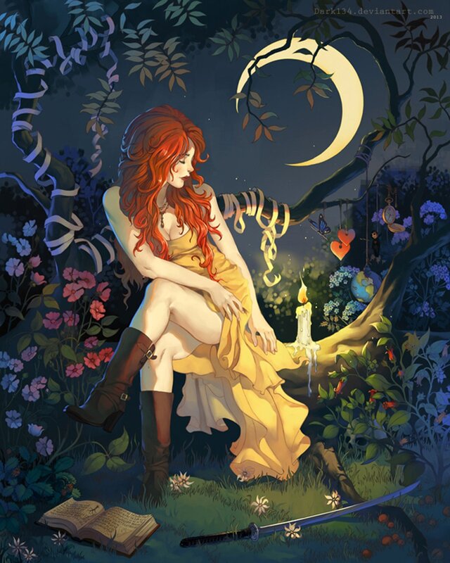 Woman in garden at night