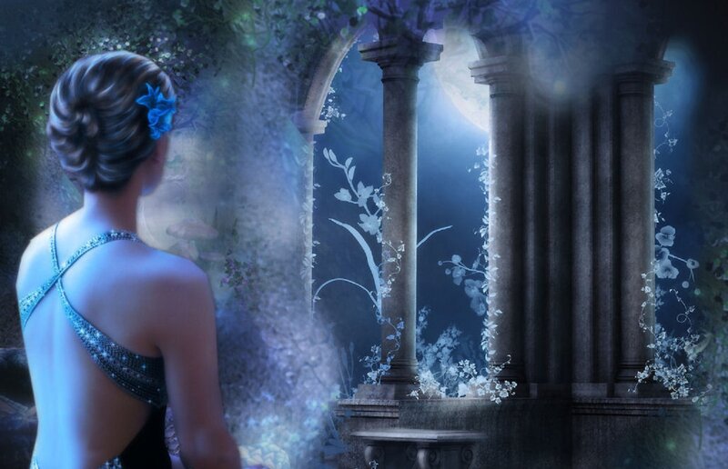 Woman in Garden at Night — Blue
