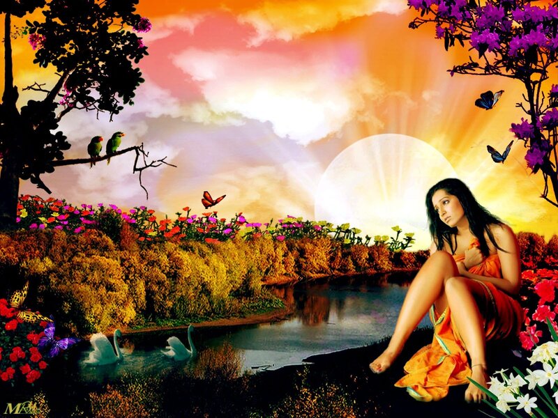 Woman in garden at sunset