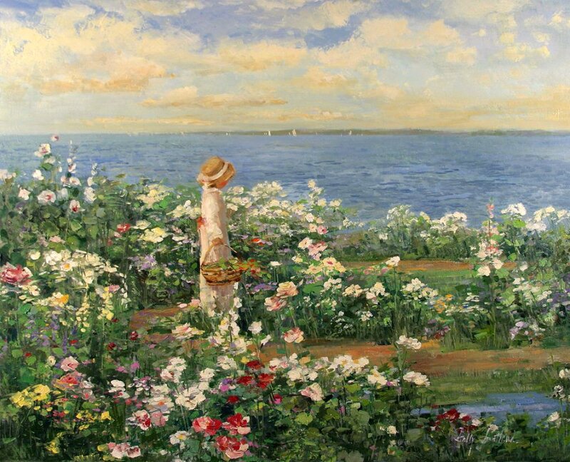 Woman in Garden — Blue, Serene, Afternoon, Painting, Flowers