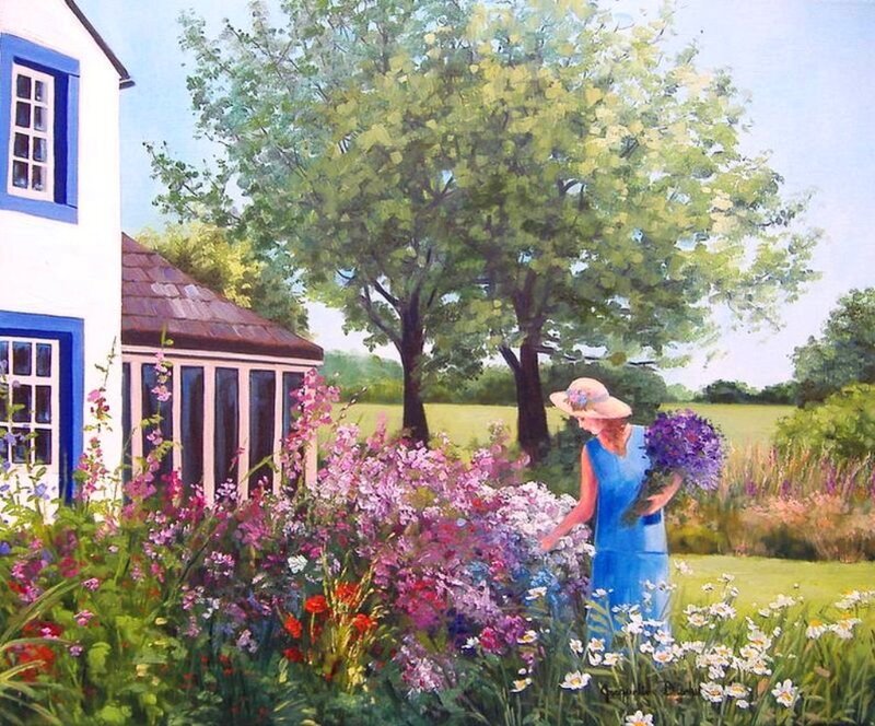 Woman in Garden — Blue, Serene, Afternoon, Painting, House