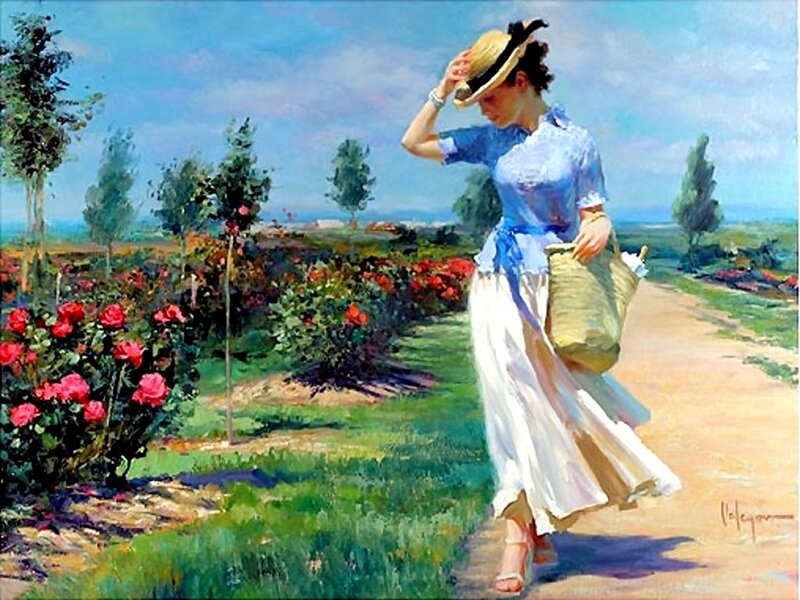 Woman in Garden — Blue, Serene, Afternoon, Painting