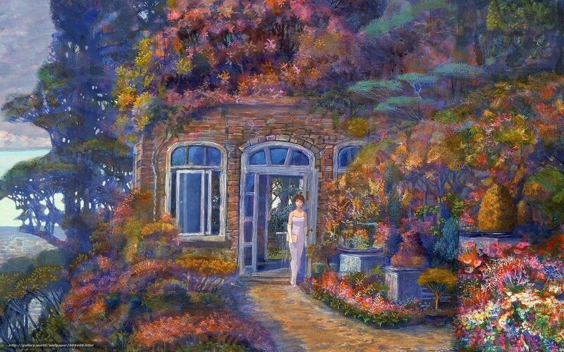 Woman in garden by cottage