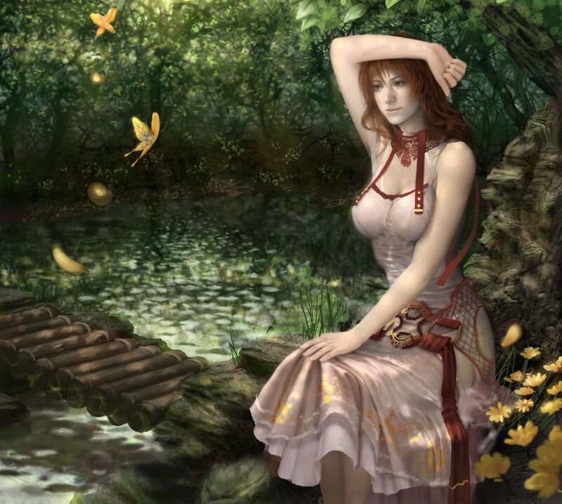 Woman in garden by pond