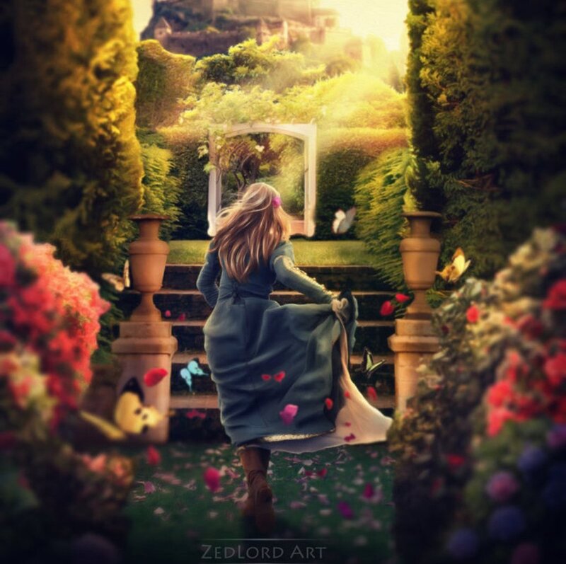 Woman in Garden — Green, Serene, Afternoon, Digital Art, Butterflies, Flowers, Steps