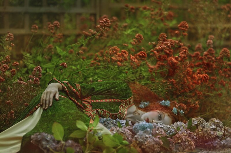 Woman in Garden — Green, Serene, Afternoon, Digital Art, Flowers, Dress