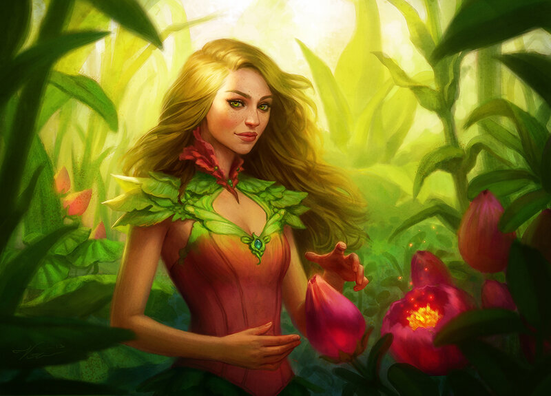 Woman in Garden — Green, Serene, Afternoon, Digital Art, Flowers, Leaves, Green Eyes