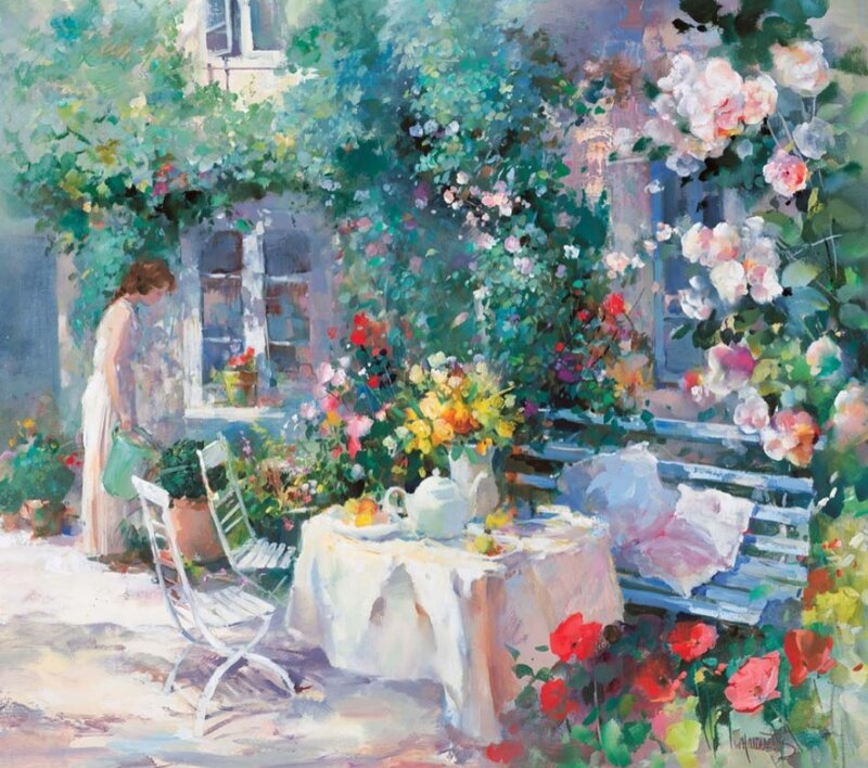 Woman in Garden — Green, Serene, Afternoon, Painting, Table