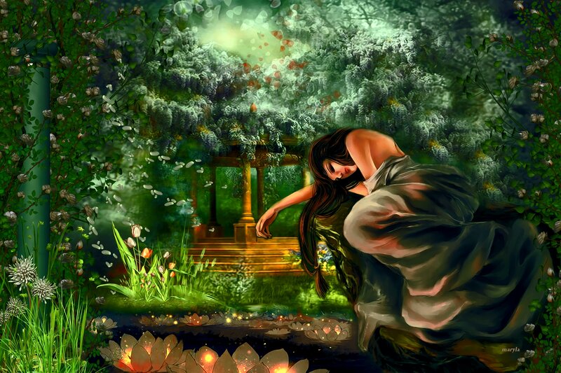 Woman in Garden — Green, Serene, Night, Digital Art