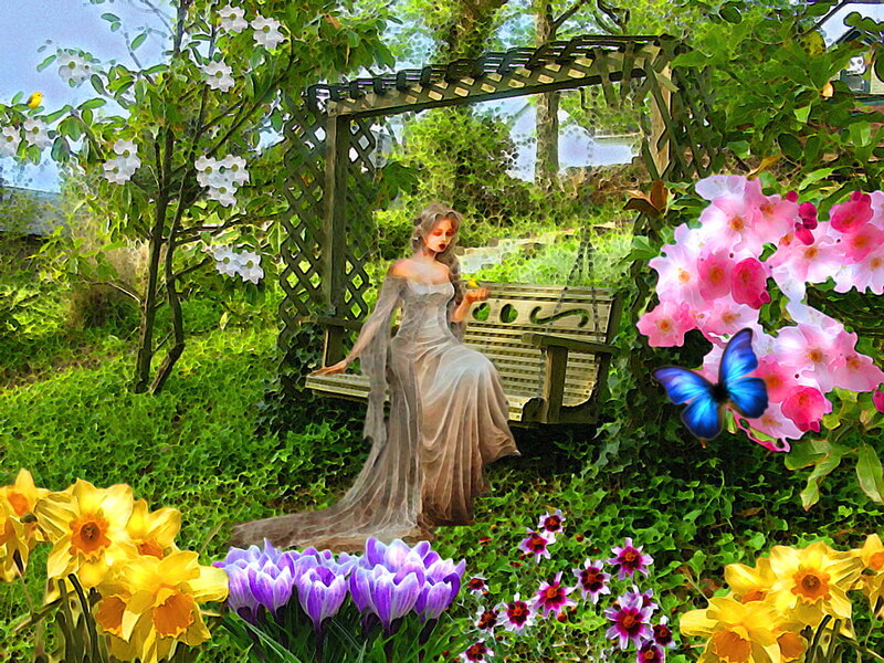 Woman in Garden — Green, Serene, Spring, Digital Art, Butterfly