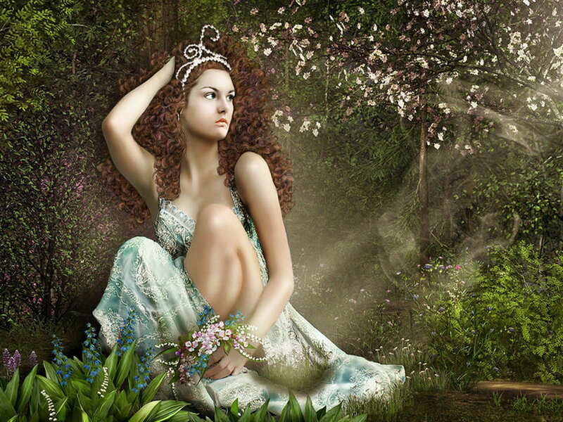 Woman in Garden — Green, Serene, Spring, Digital Art, Crown