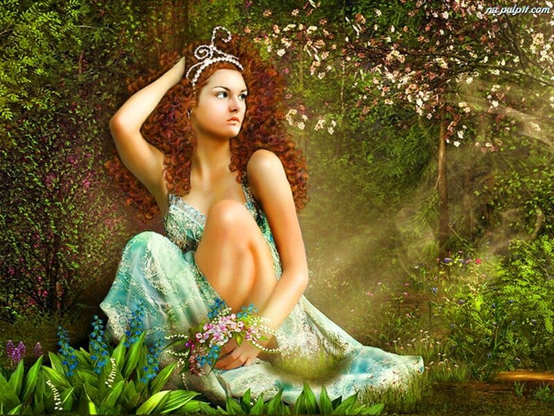 Woman in Garden — Green, Serene, Spring, Digital Art, Flowers