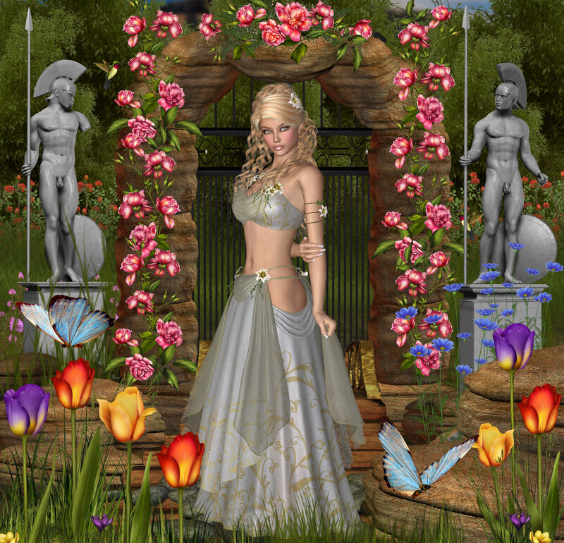 Woman in Garden — Green, Serene, Spring, Digital Art, Statues