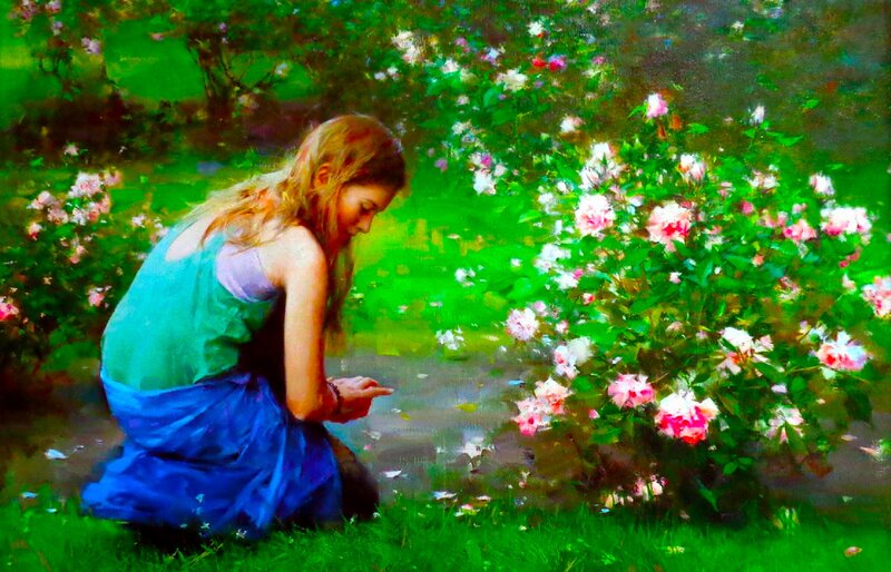 Woman in Garden — Green, Serene, Spring, Painting