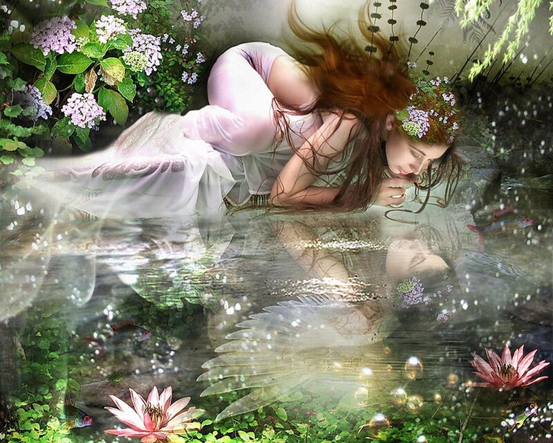 woman in garden pond
