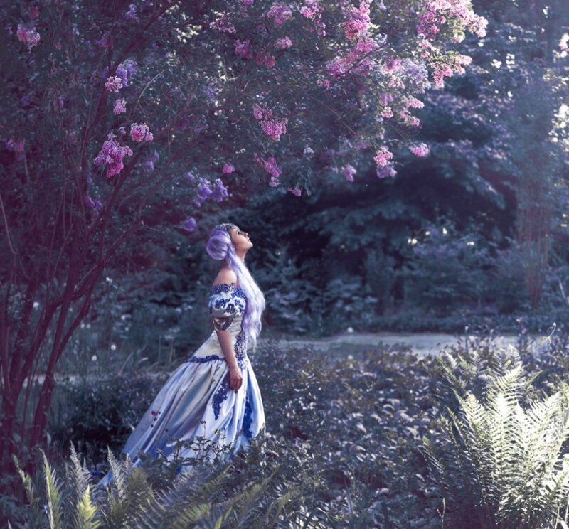 Woman in Garden — Purple, Serene, Afternoon