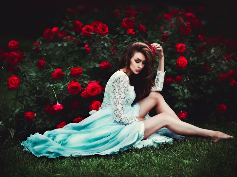 Woman in Garden — Red, Dramatic