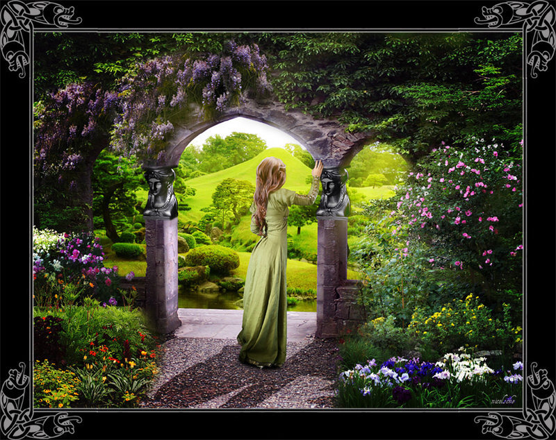 woman in garden under archway