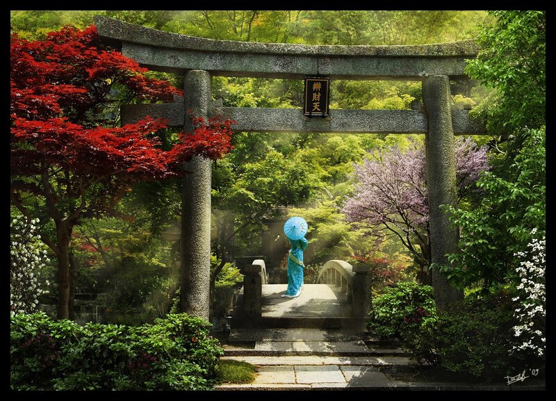 Woman in garden under torii gate