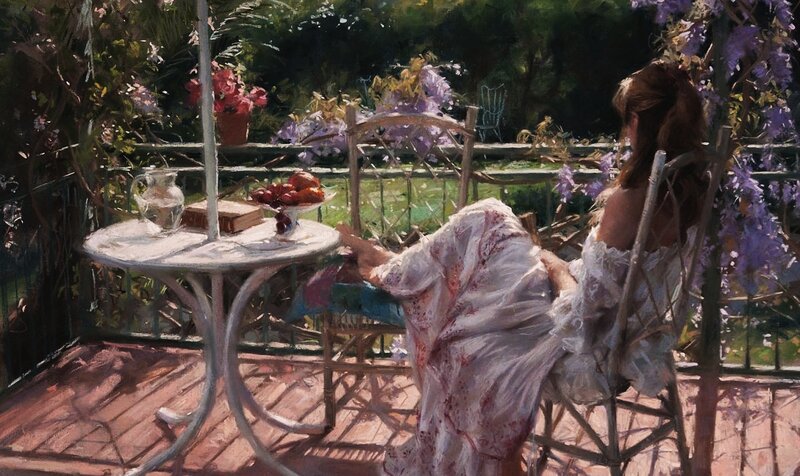 Woman in Garden — White, Serene, Afternoon, Painting, Table