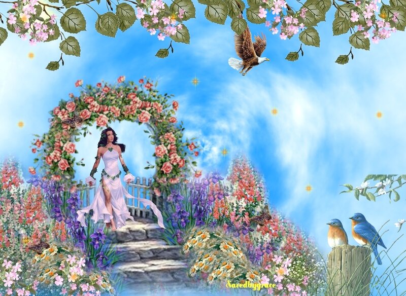 woman in garden with birds