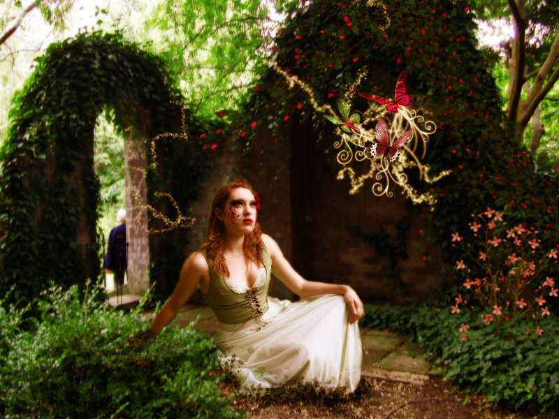 Woman in Garden with Butterflies — Green